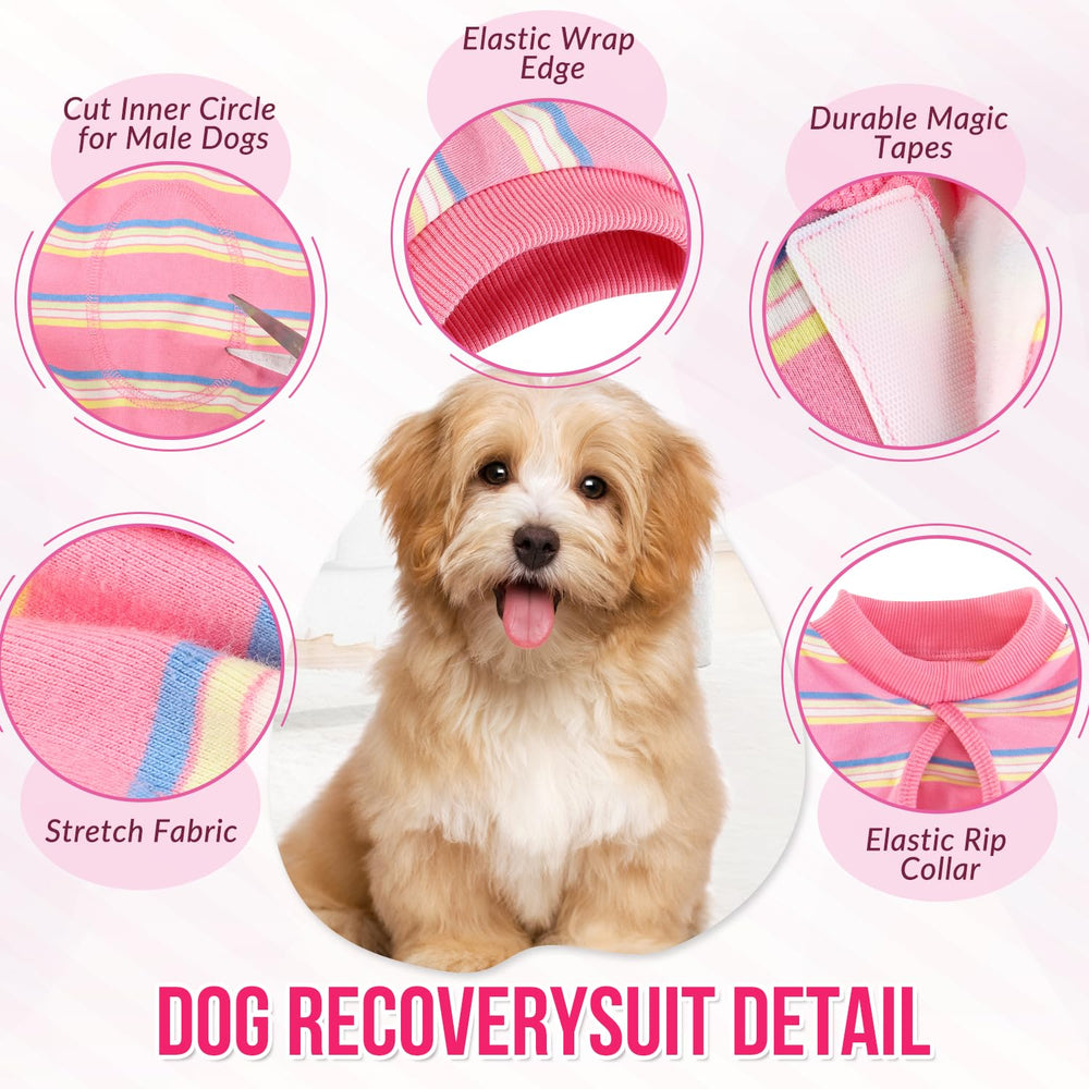 SlowTon pink back-strap adjustments on dog onesie for secure fit