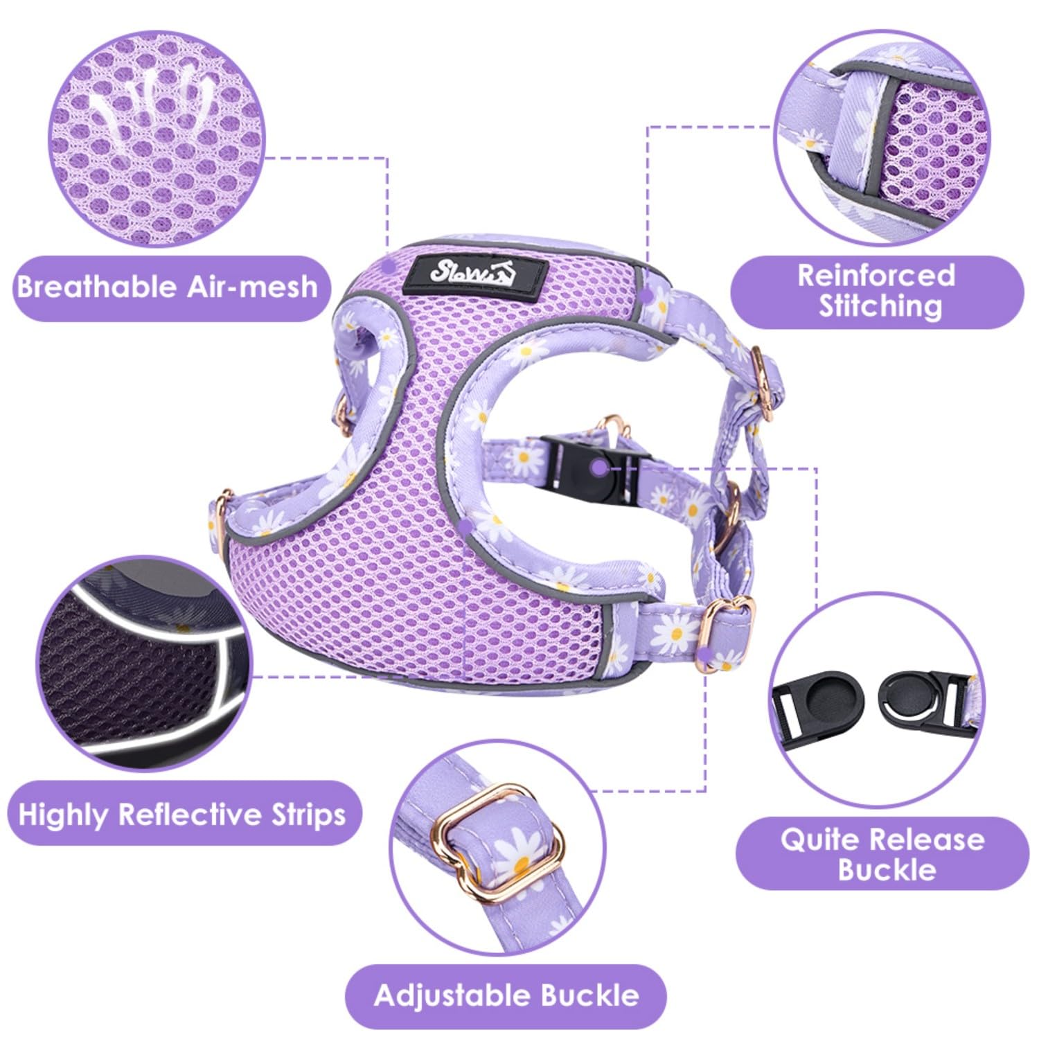 SlowTon harness with reflective strip emphasizes night safety during evening strolls.