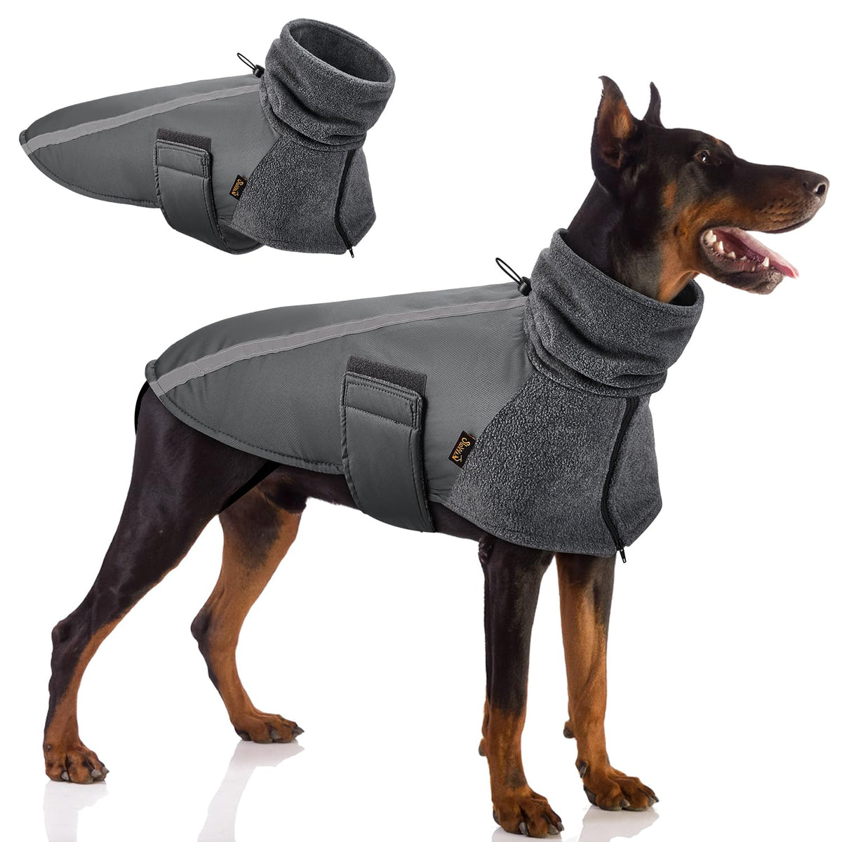 SlowTon Winter Dog Coat front view shows secure fit and warmth for outdoor adventures.