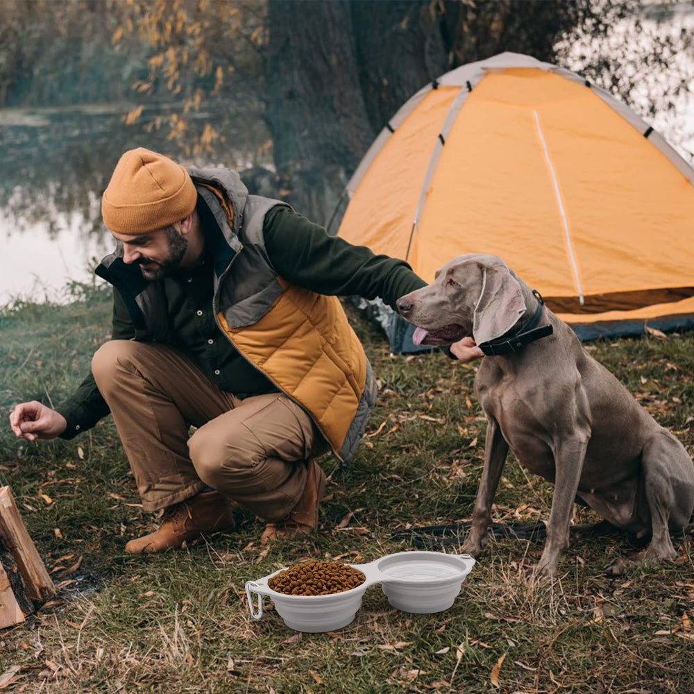 SLSON collapsible bowls in use while walking for on-the-go meals.