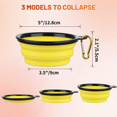 SLSON dog bowl with carabiners for attaching to leash, bag, or belt loop.