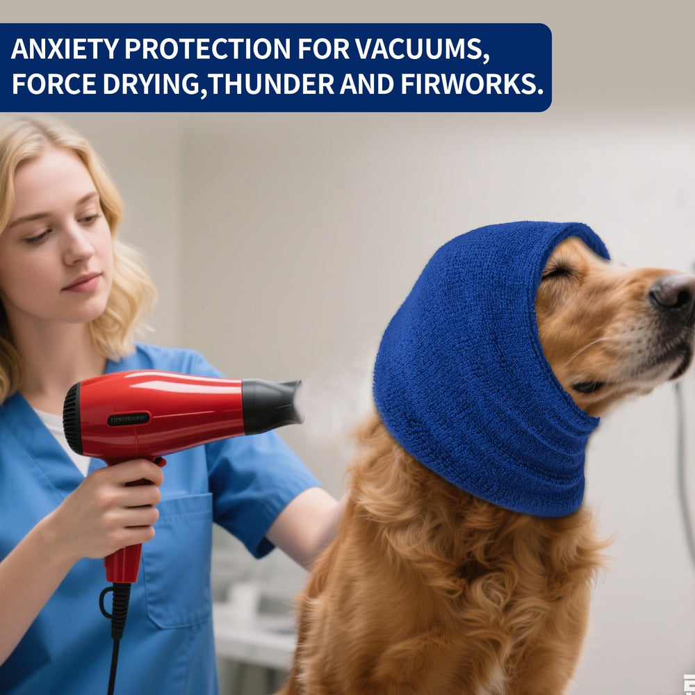 SLSON dog calming hoodie ear wrap closeup protects ears and reduces noise during grooming