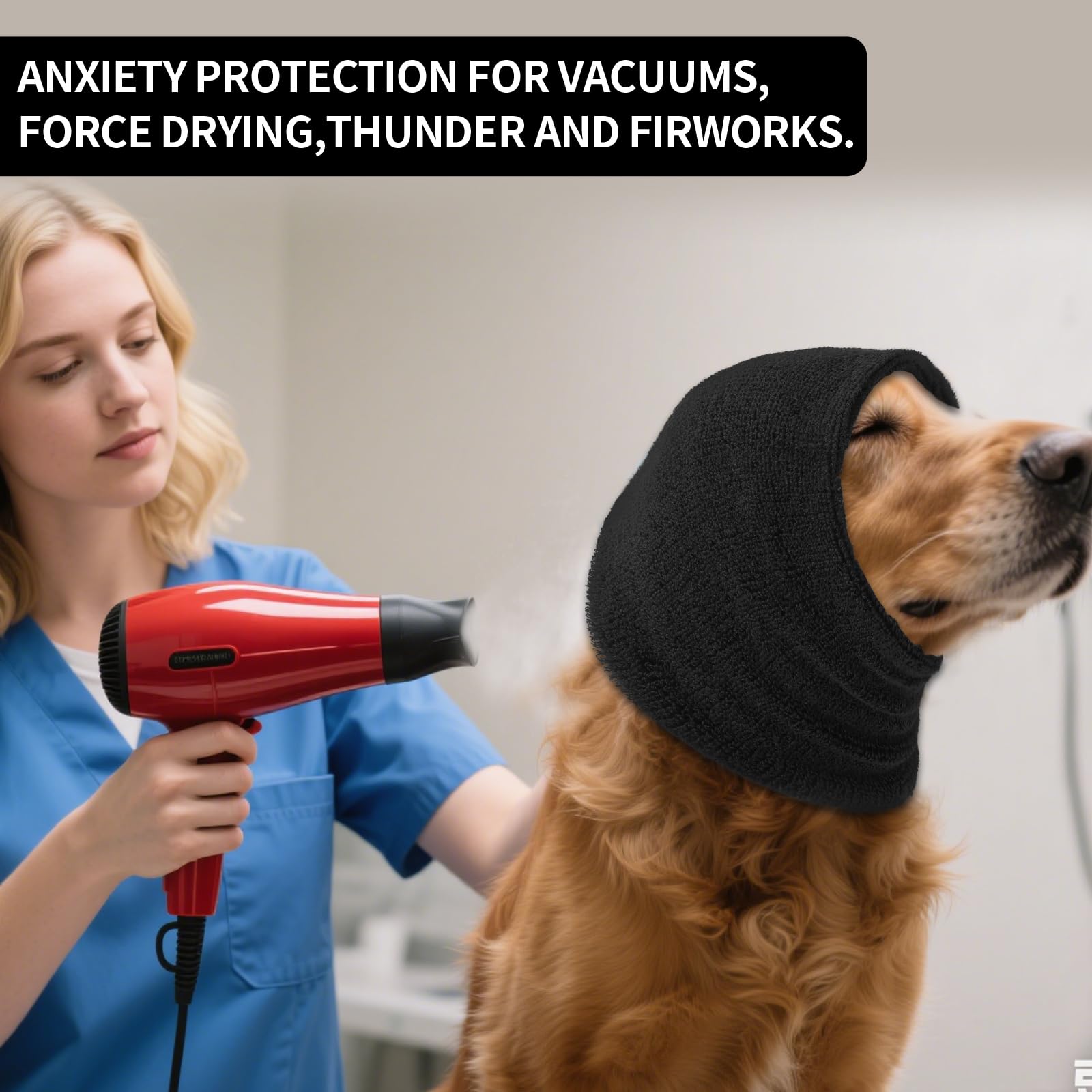 SLSON dog calming hoodie during grooming use demonstrates easy-on fit for baths and trims
