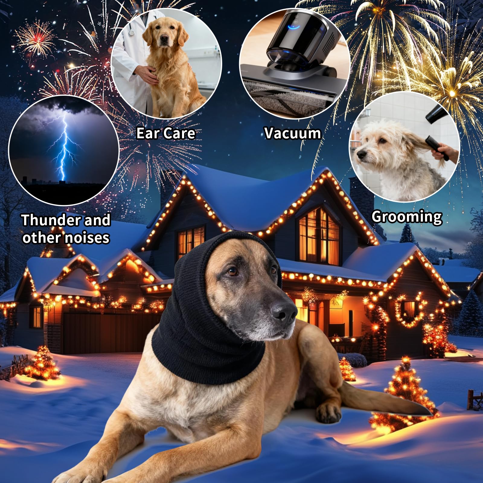 SLSON dog wearing calming hoodie during fireworks for a calmer experience