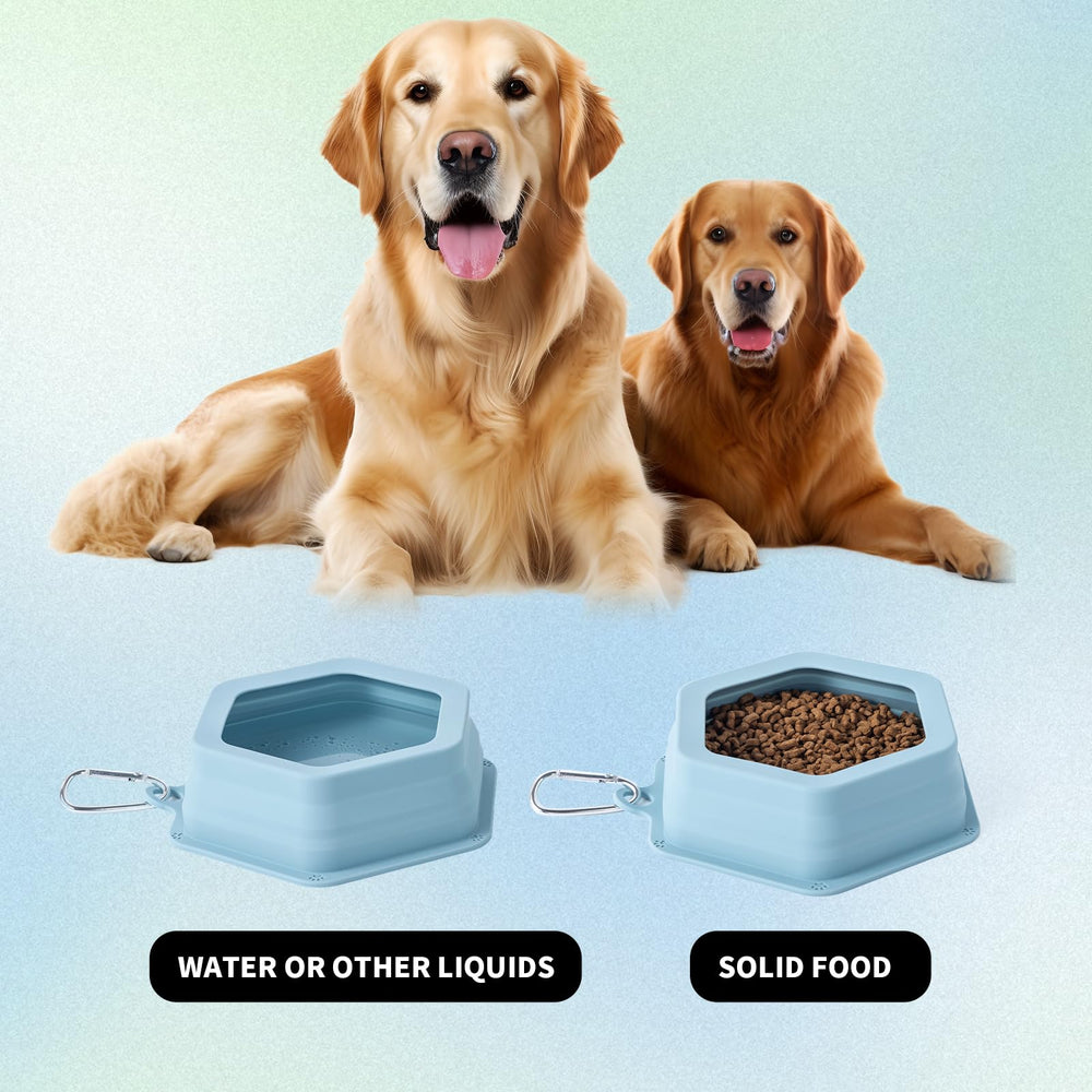 SLSON Morandi blue pet bowl on road trip emphasizes portable hydration and meals.