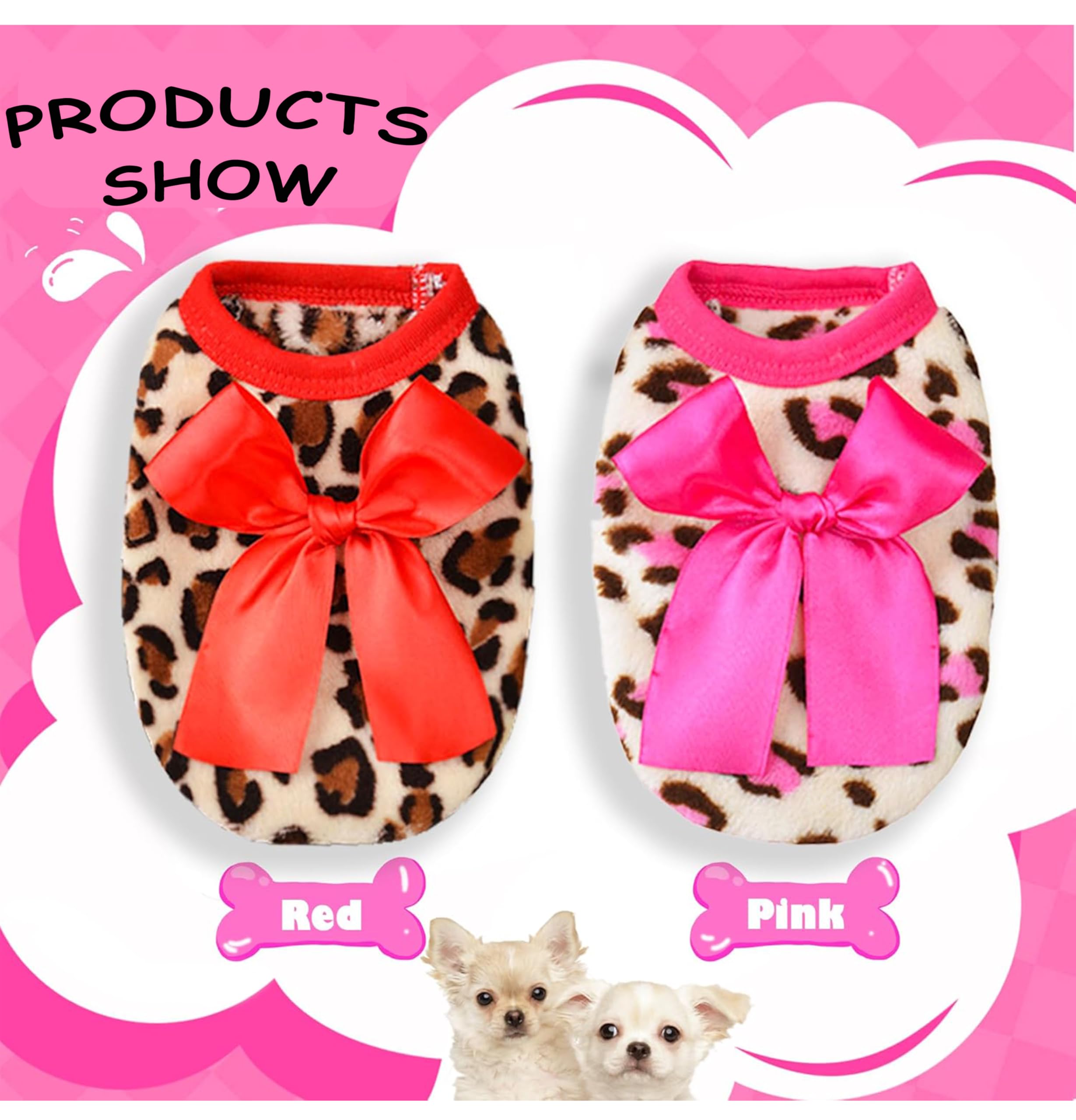 Small dog model wearing leopard sweater showing comfy design.