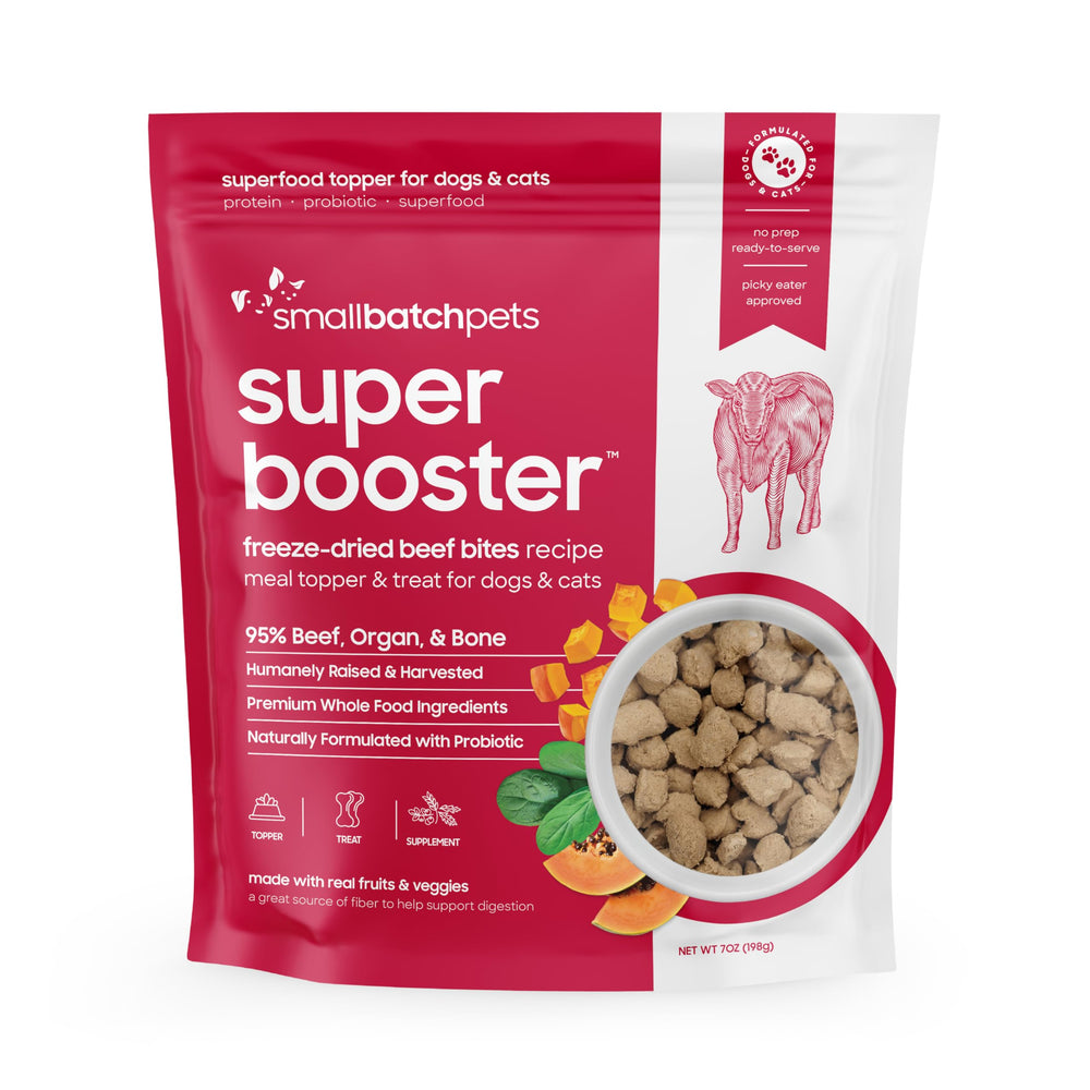 smallbatch Freeze Dried Beef Bites close-up showing protein-packed bites for active dogs.