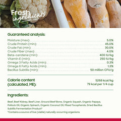 smallbatch Freeze Dried Beef Bites label emphasizes probiotics and fatty acids for gut and coat.