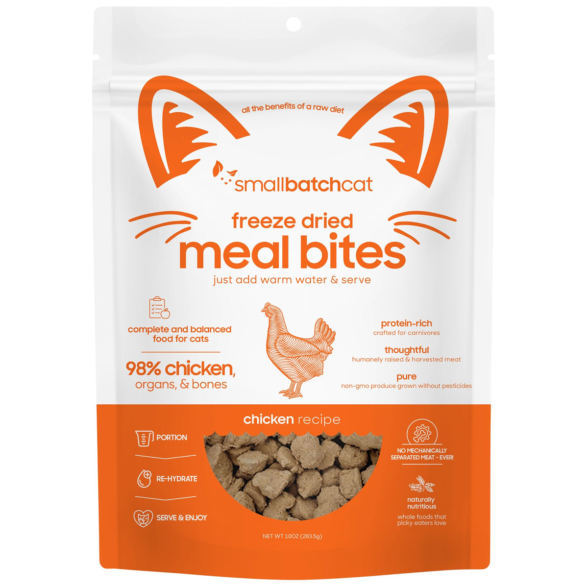 Smallbatch freeze-dried cat food chicken bites deliver high-protein nutrition for carnivore meals.