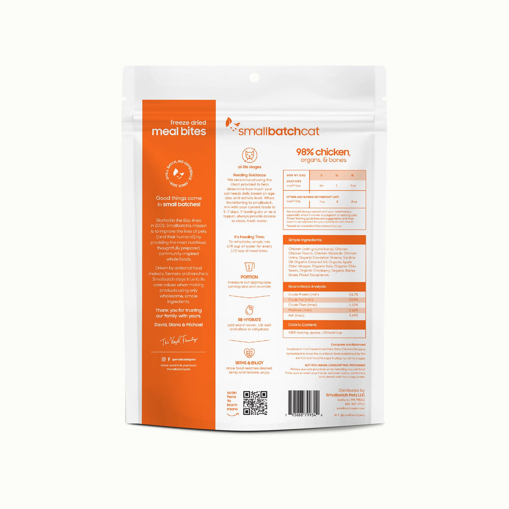 Smallbatch freeze-dried chicken ingredients showcase humane meat and simple, non-GMO produce.