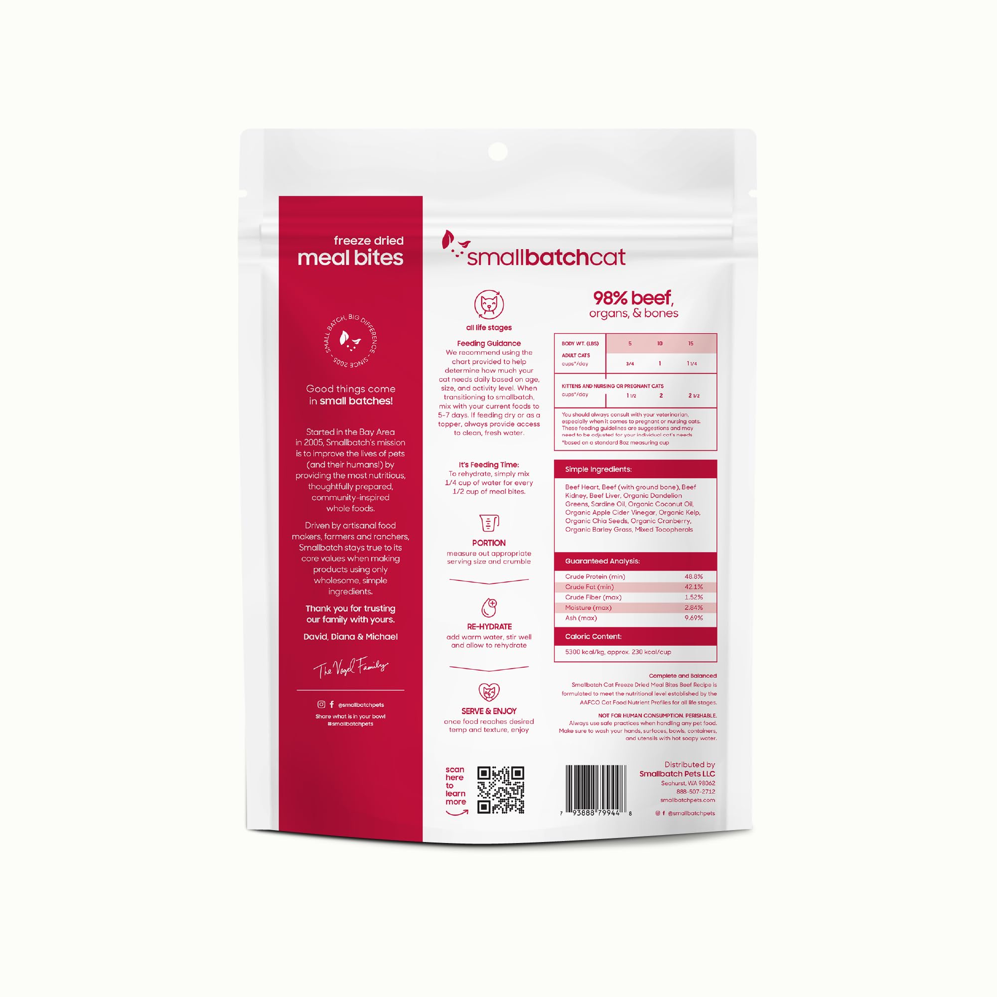 Smallbatch freeze-dried raw cat food beef recipe in resealable bag highlighting freshness