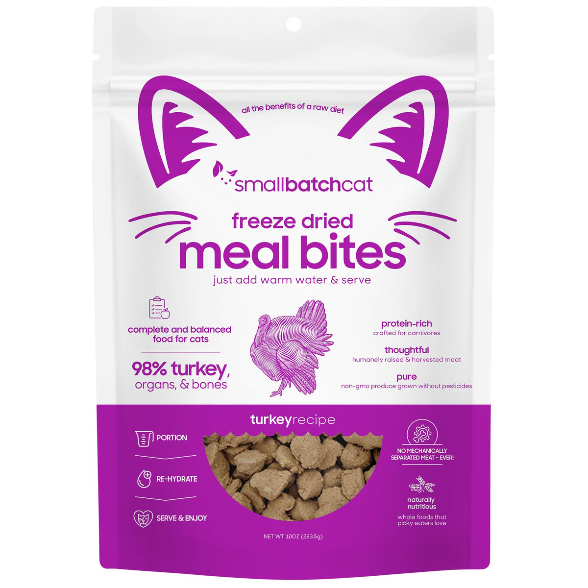 Smallbatch freeze-dried turkey cat food bag highlights shelf-stable packaging for easy meals