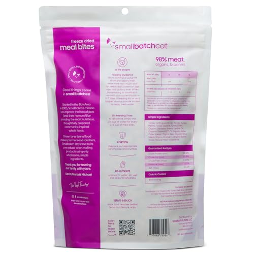 Rehydrated turkey cat food served in a bowl from a Smallbatch bag