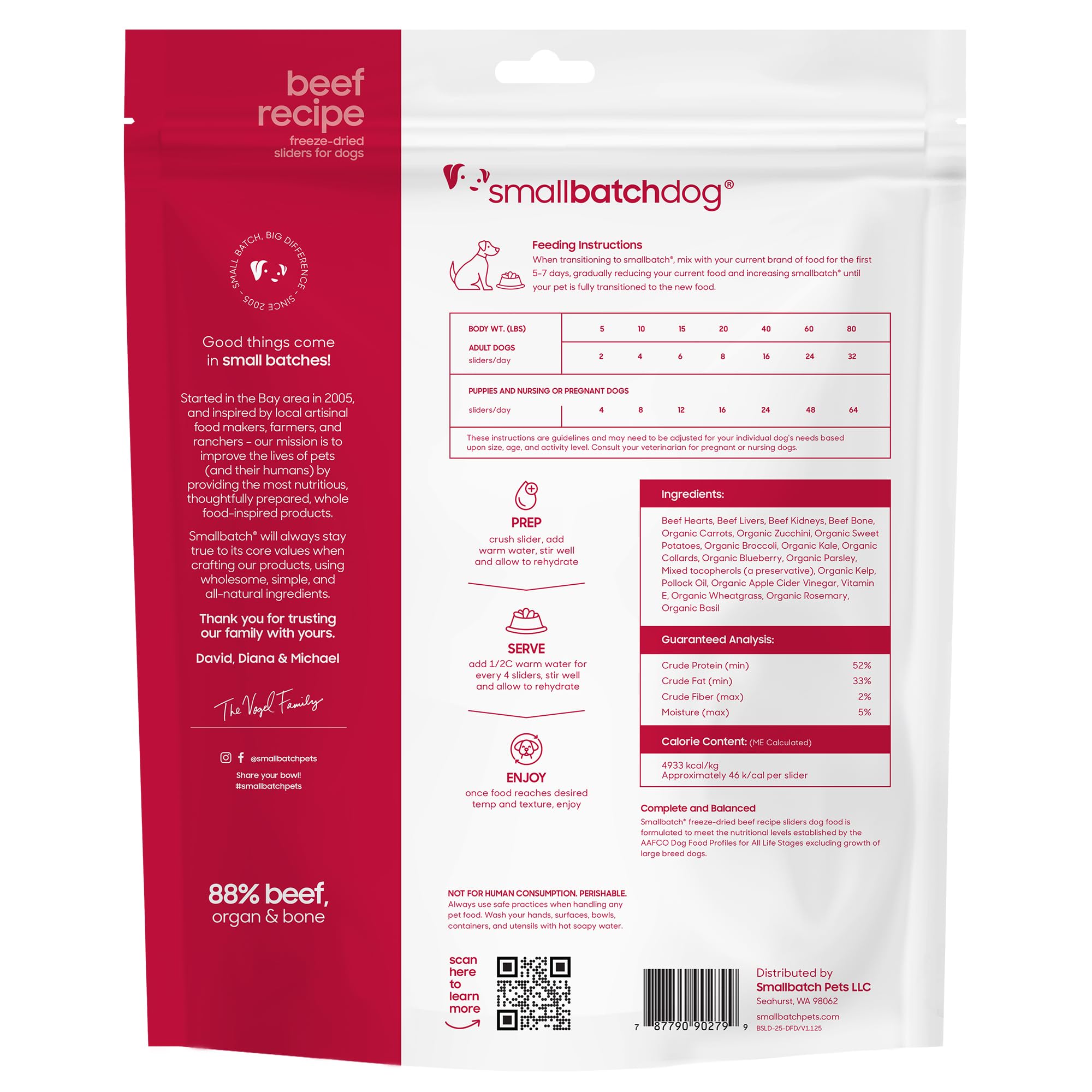 Smallbatch Pets beef heart-liver-kidney-bones protein source promoting natural nutrients.