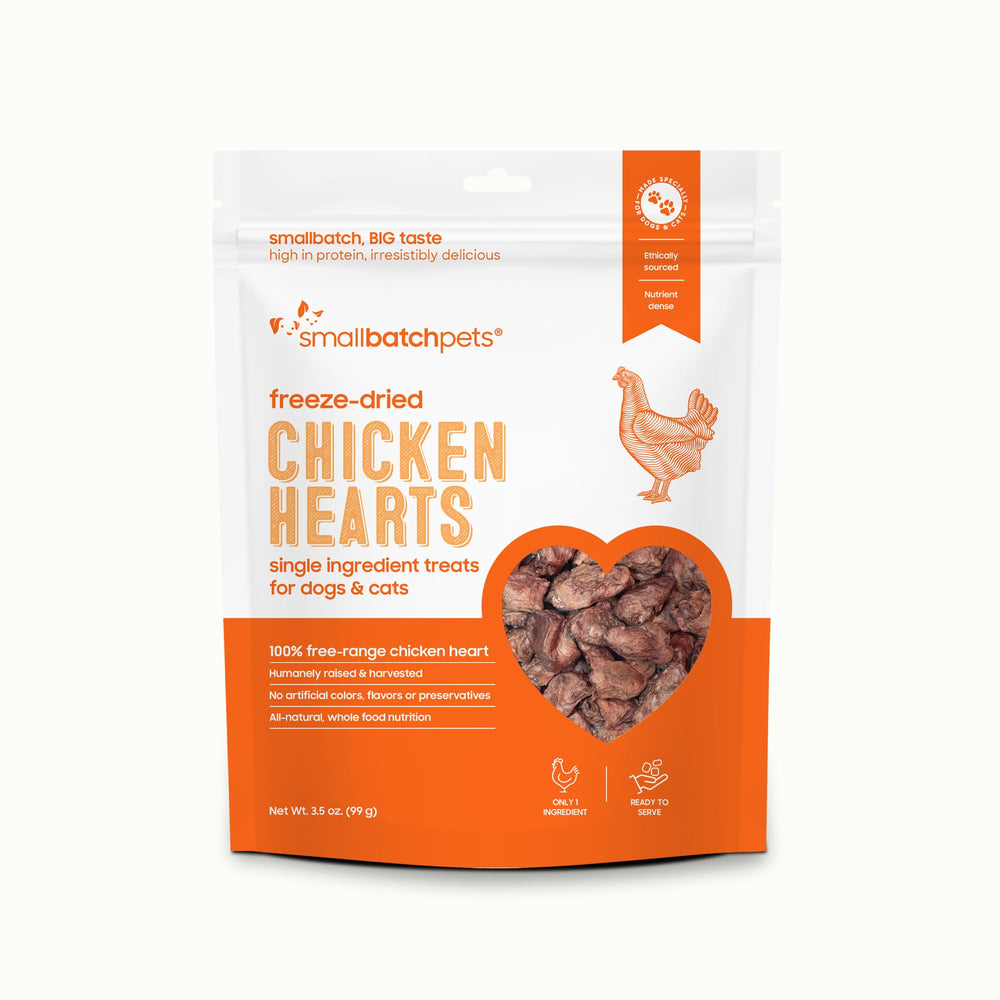 Smallbatch Pets freeze-dried chicken heart treat pack shows simple, single-ingredient snack for dogs and cats