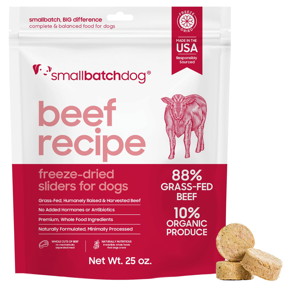 Smallbatch Pets beef recipe freeze-dried dog food in a bowl supports picky eaters with grain-free protein.