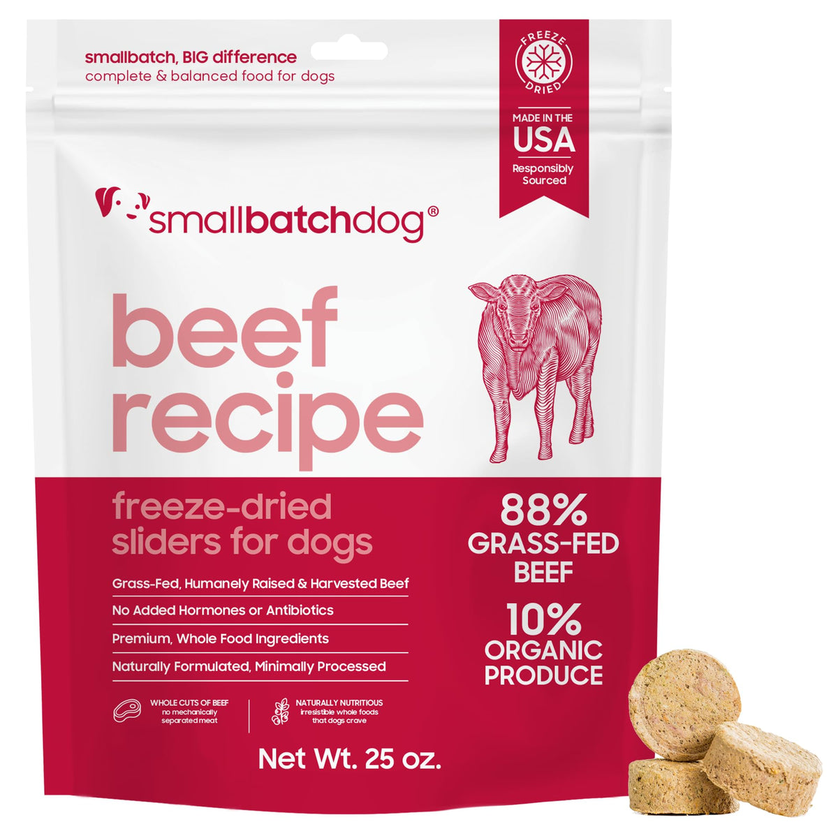 Smallbatch Pets beef recipe freeze-dried dog food in a bowl supports picky eaters with grain-free protein.