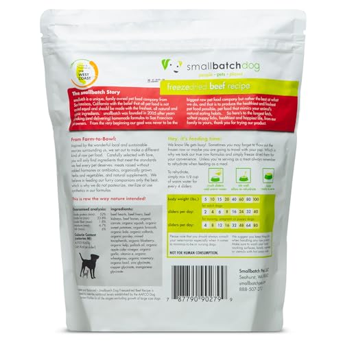 Smallbatch Pets freeze-dried dog food USA-made packaging showcases quality.