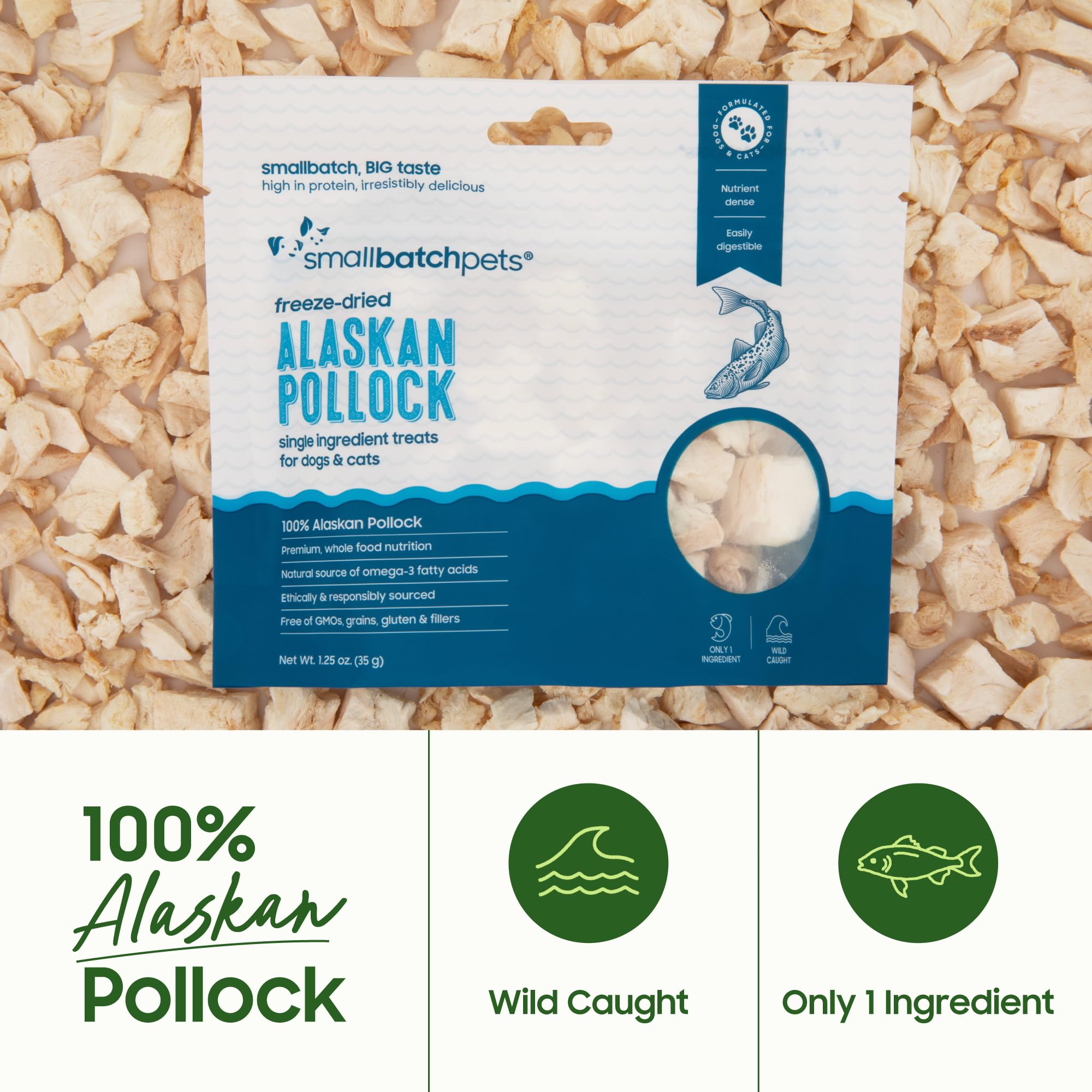 smallbatch-pets-us-made-ethically-sourced-pollock-treats on display, highlighting responsible sourcing.