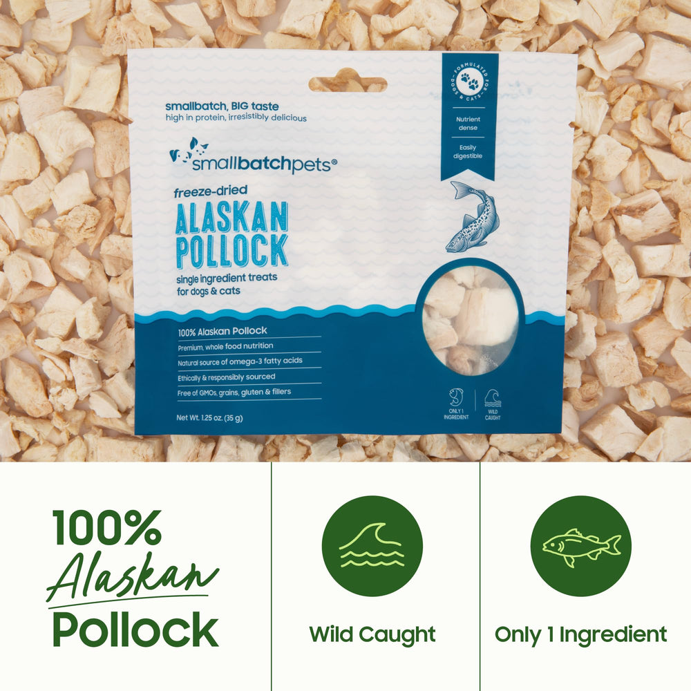 smallbatch-pets-us-made-ethically-sourced-pollock-treats on display, highlighting responsible sourcing.