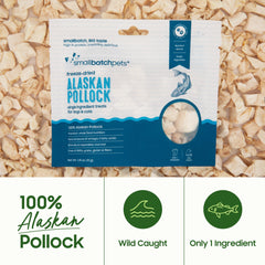 smallbatch-pets-us-made-ethically-sourced-pollock-treats on display, highlighting responsible sourcing.