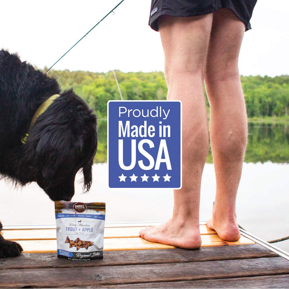 Smart Cookie all-natural dog treats on a kitchen counter display.