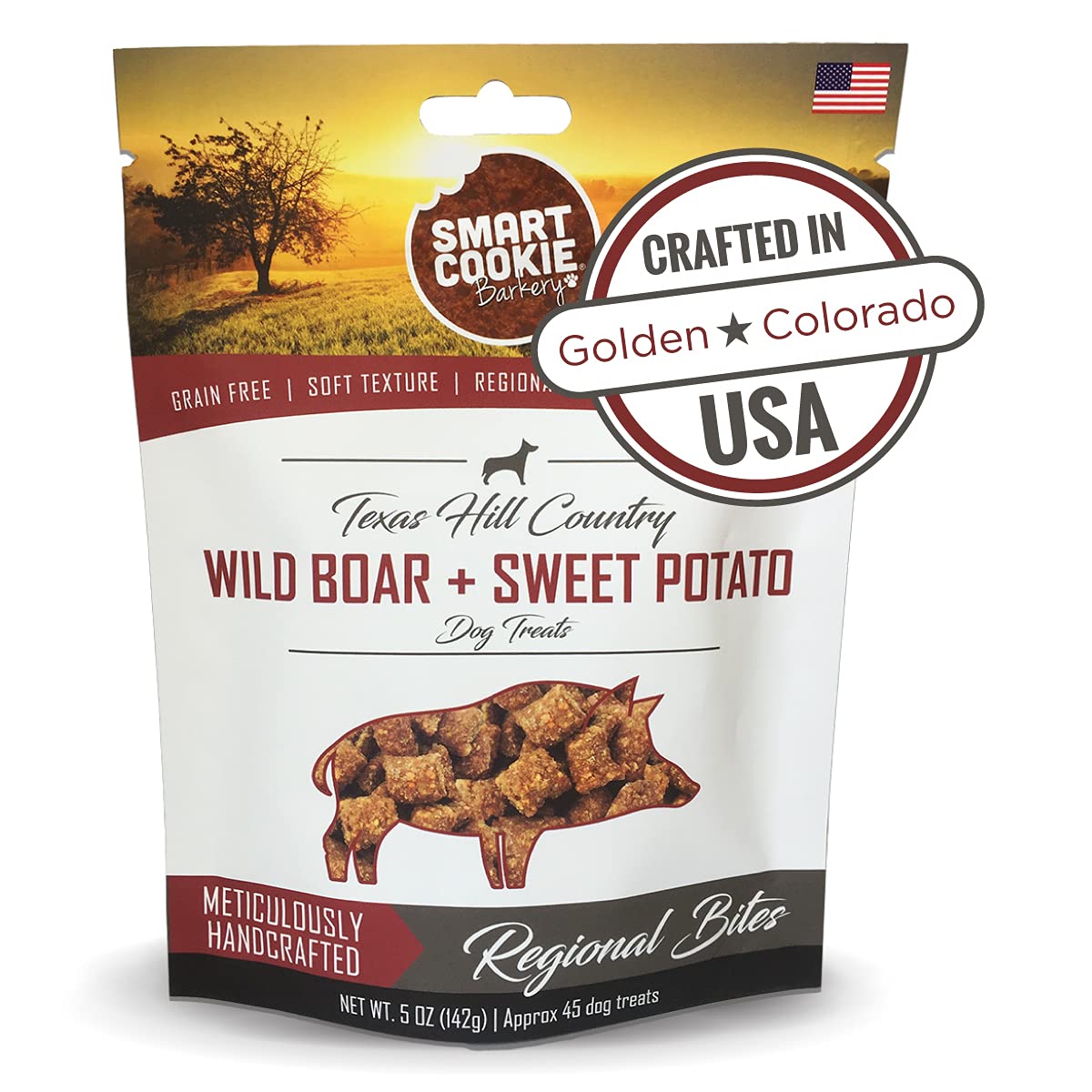 Smart Cookie packaging featuring wild boar and sweet potato, ideal for training rewards.
