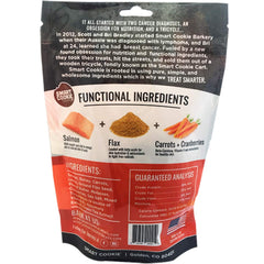 Smart Cookie skin-coat salmon treats on display, USA-made with wholesome ingredients.