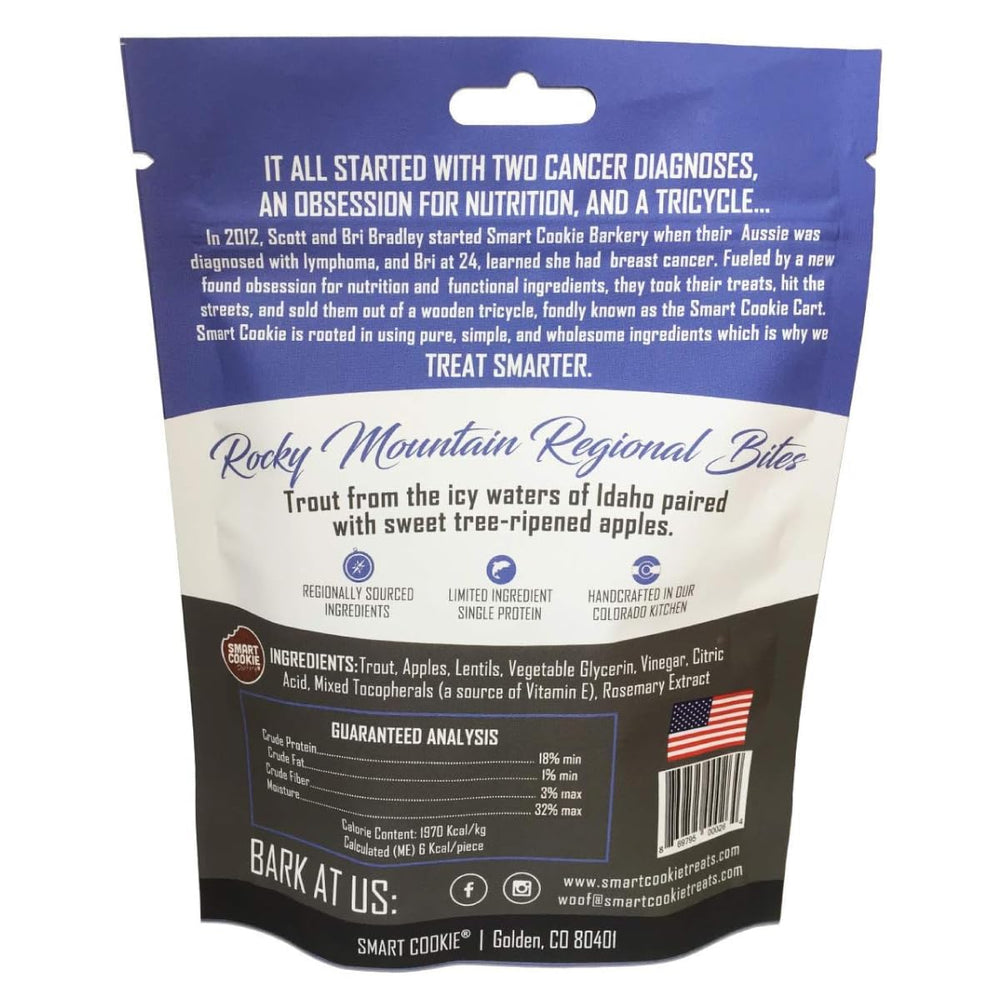 Smart Cookie Trout Apple soft treats closeup highlighting real ingredients and appeal to picky dogs.
