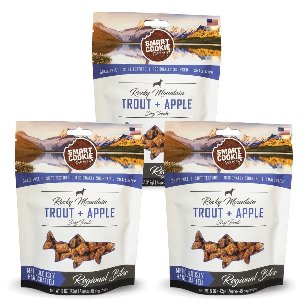 Smart Cookie Trout Apple soft treats hero image showing premium training rewards for dogs.