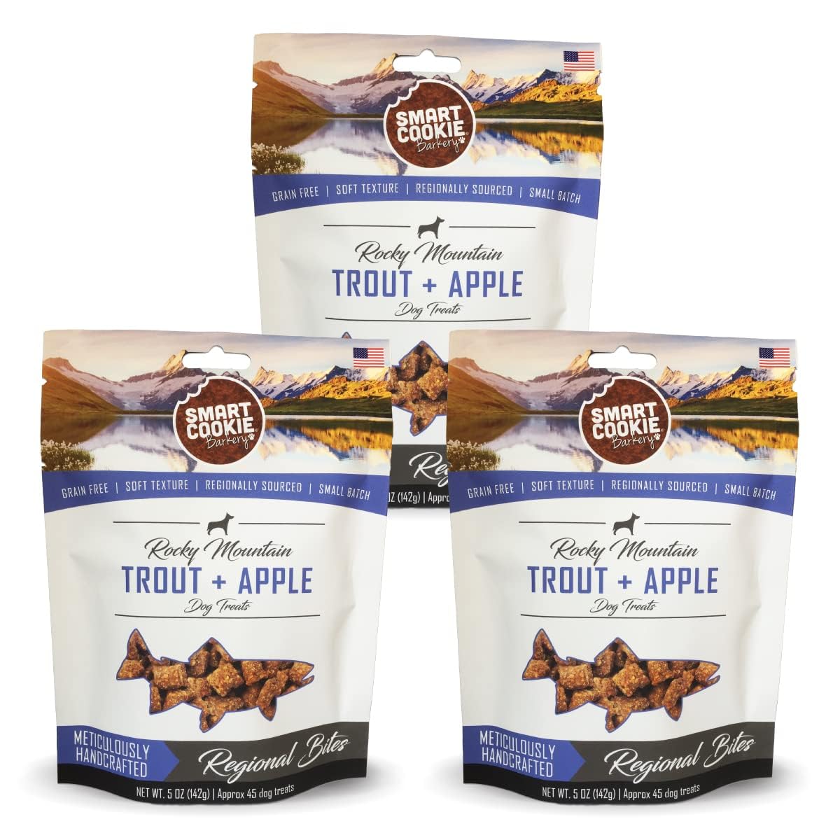 Smart Cookie Trout Apple soft treats hero image showing premium training rewards for dogs.
