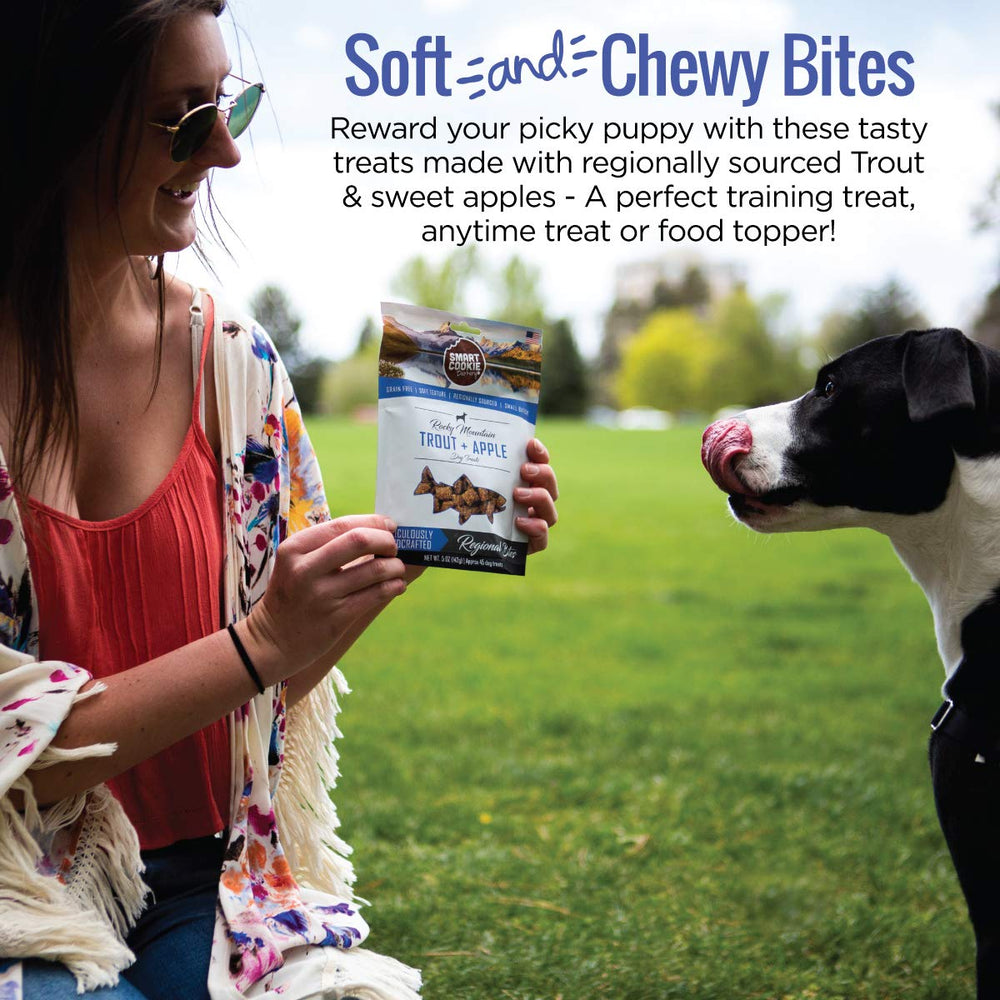 Smart Cookie Trout Apple training treats held during training sessions.