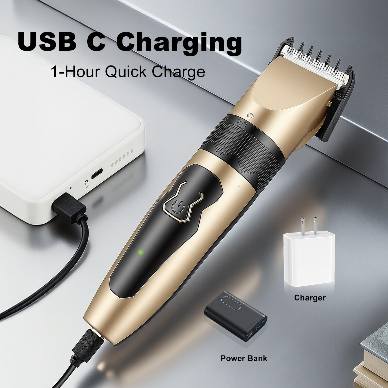 Smart display shows battery level during grooming sessions.