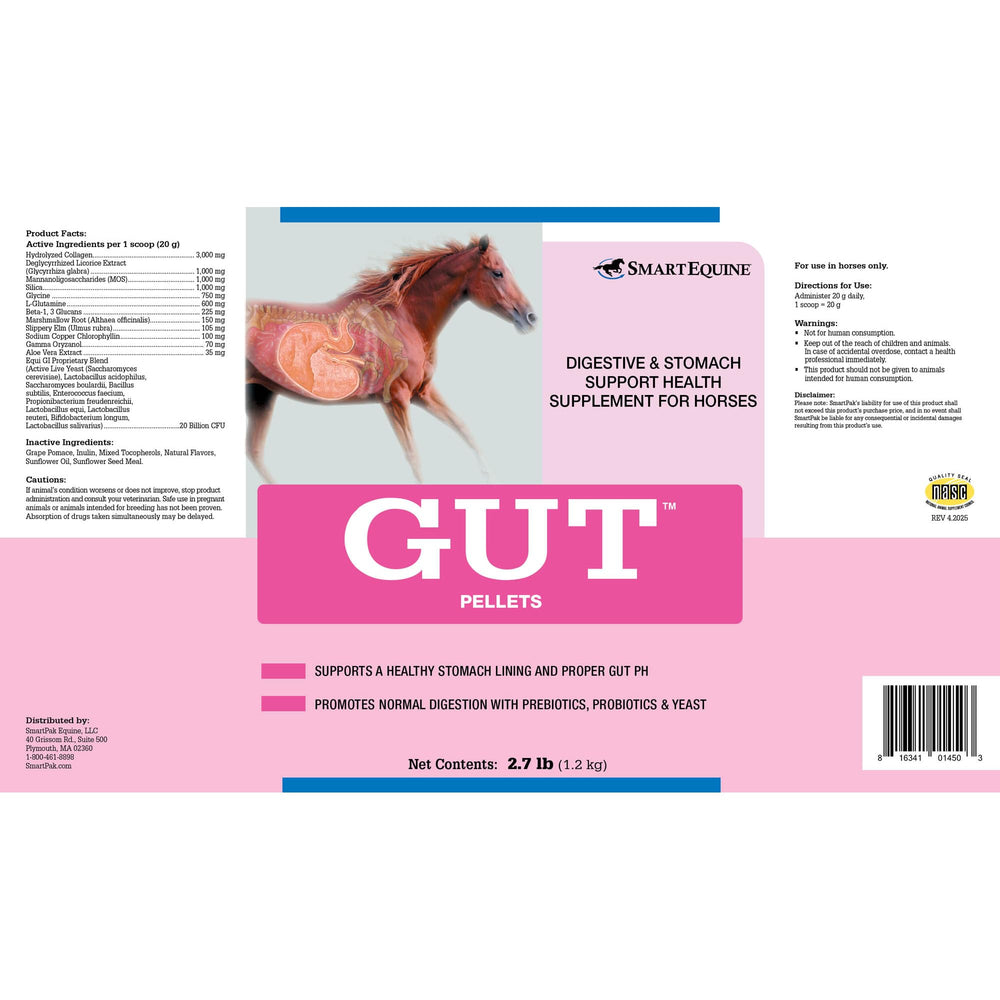 SmartEquine Gut Pellets powder-dispense close-up highlights easy-to-use mix for sensitive stomachs.