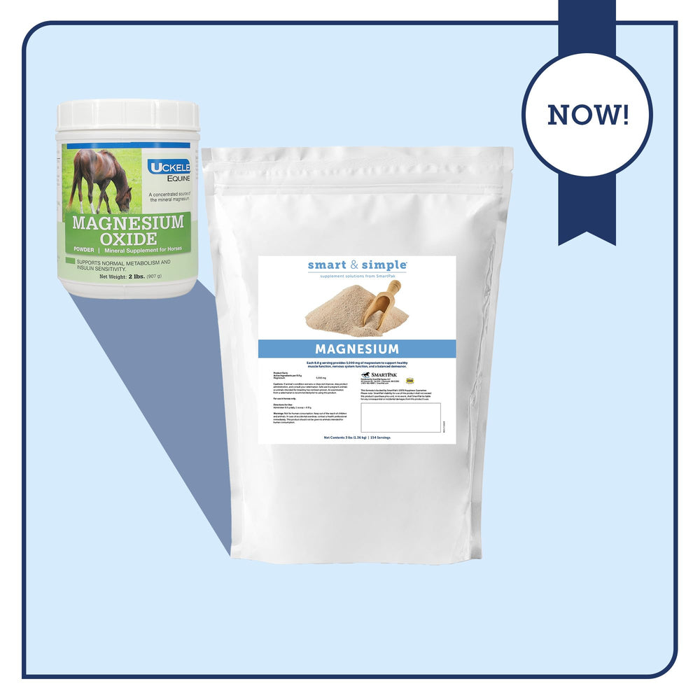 SmartEquine mg powder label closeup with clear dosage and usage notes.