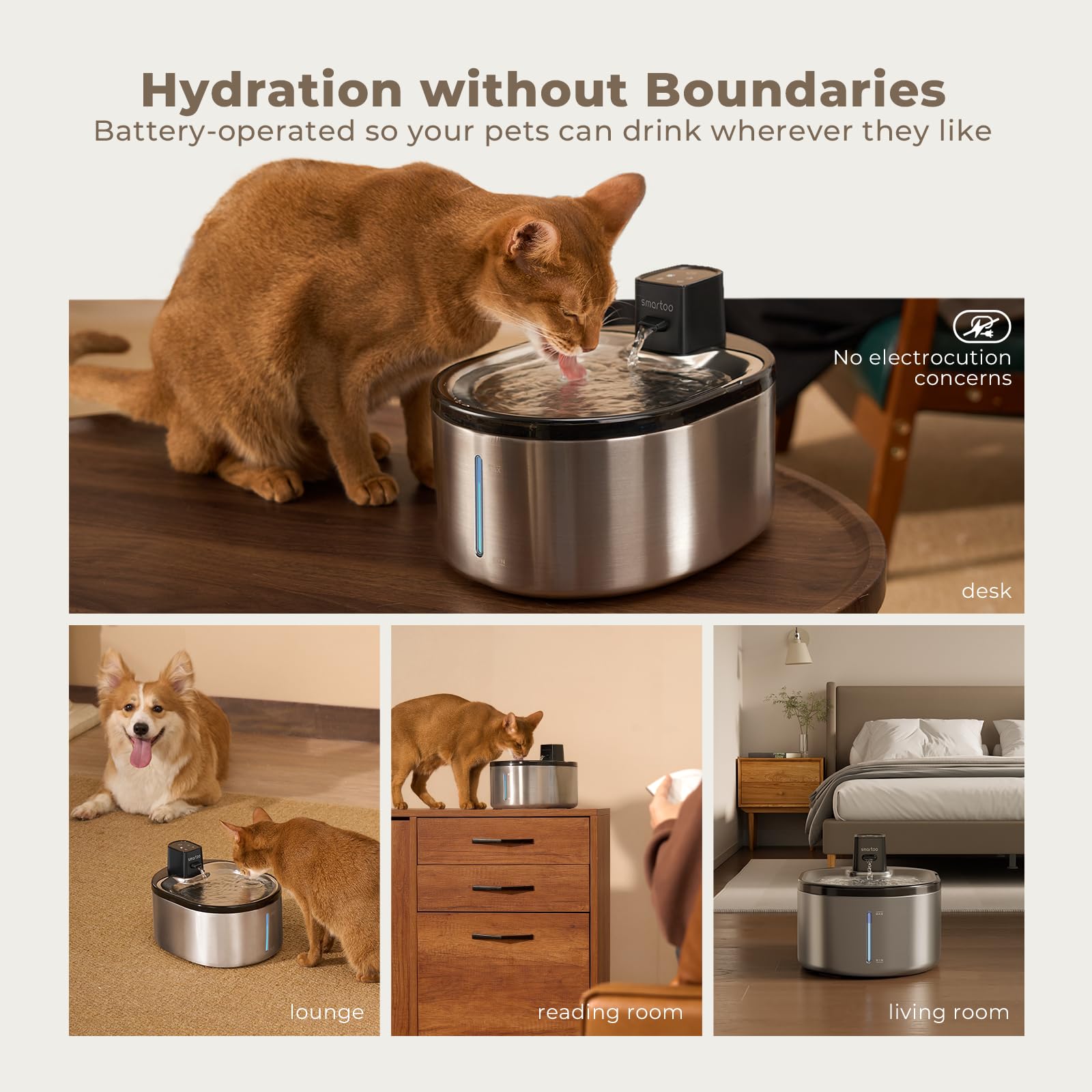 Smartoo fountain shows 152oz capacity with visible water window for monitoring