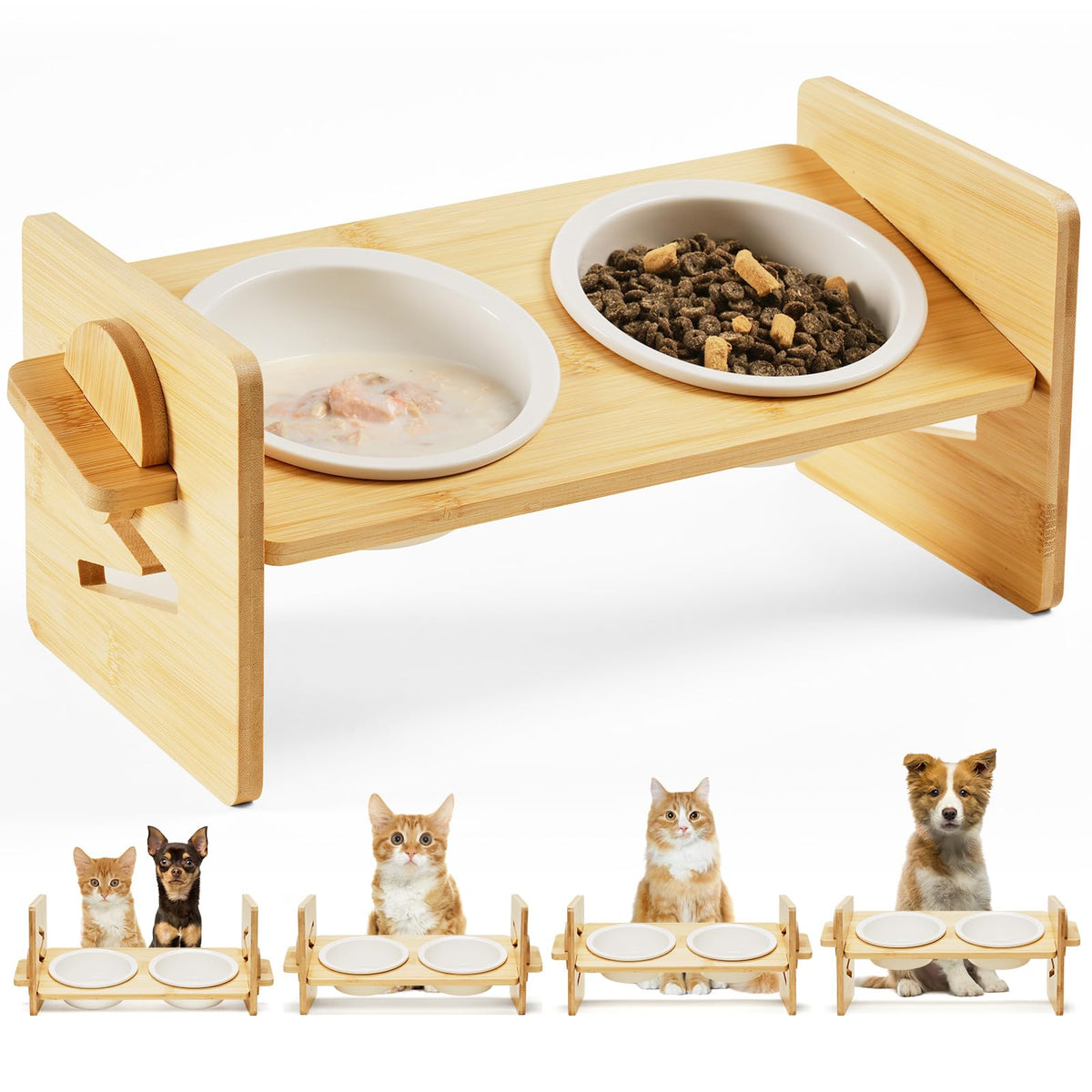 Smartoo ceramic elevated cat bowls assembled on bamboo stand for comfortable feeding.
