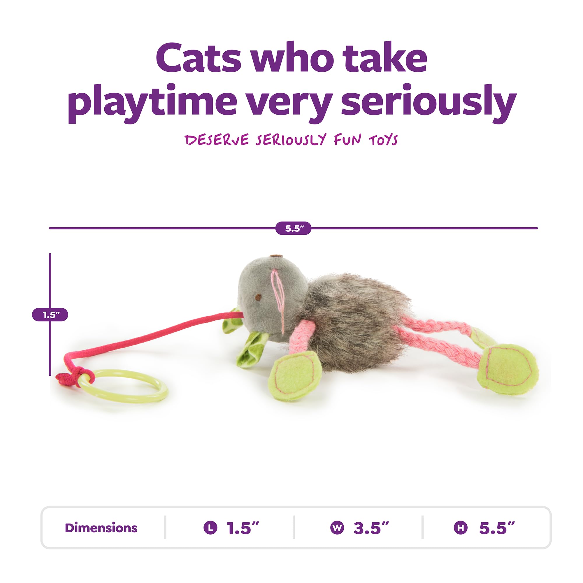 SmartyKat Bouncy Mouse Bungee long-faux-fur-yarn-feel mimics prey for hunting-inspired fun.