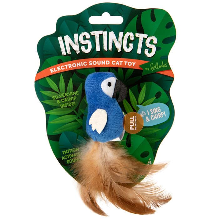 SmartyKat Instincts Chatty Chirp bird close-up shows feathered tail for swats.