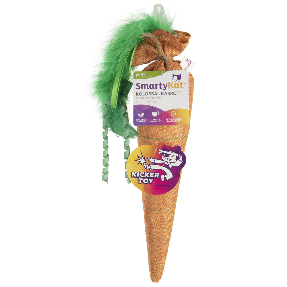 SmartyKat Kolossal Karrot contains catnip to encourage active exploration.