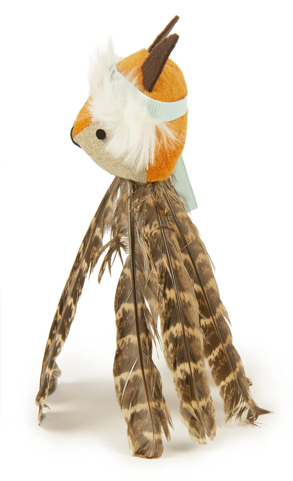 SmartyKat Toss-A-Fox brown head-detail toy entices hunting instincts with plush and feathers.
