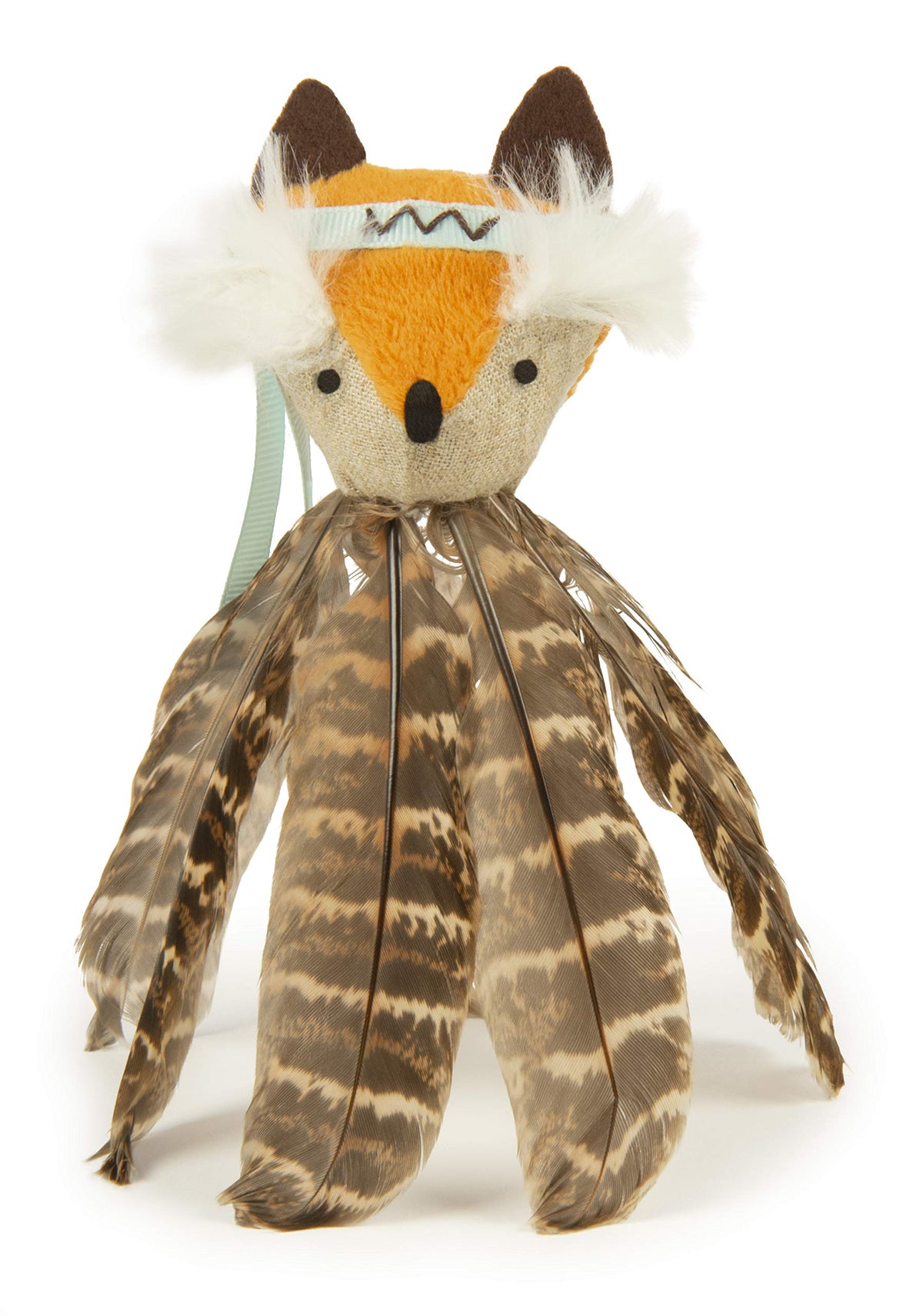 SmartyKat Toss-A-Fox feather toy brown side view promotes active chasing and play.