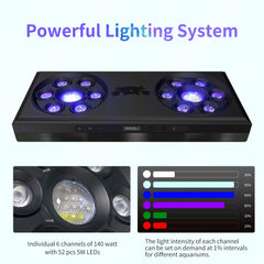 SMATFARM 140W reef light control panel highlights master-slave synchronization.