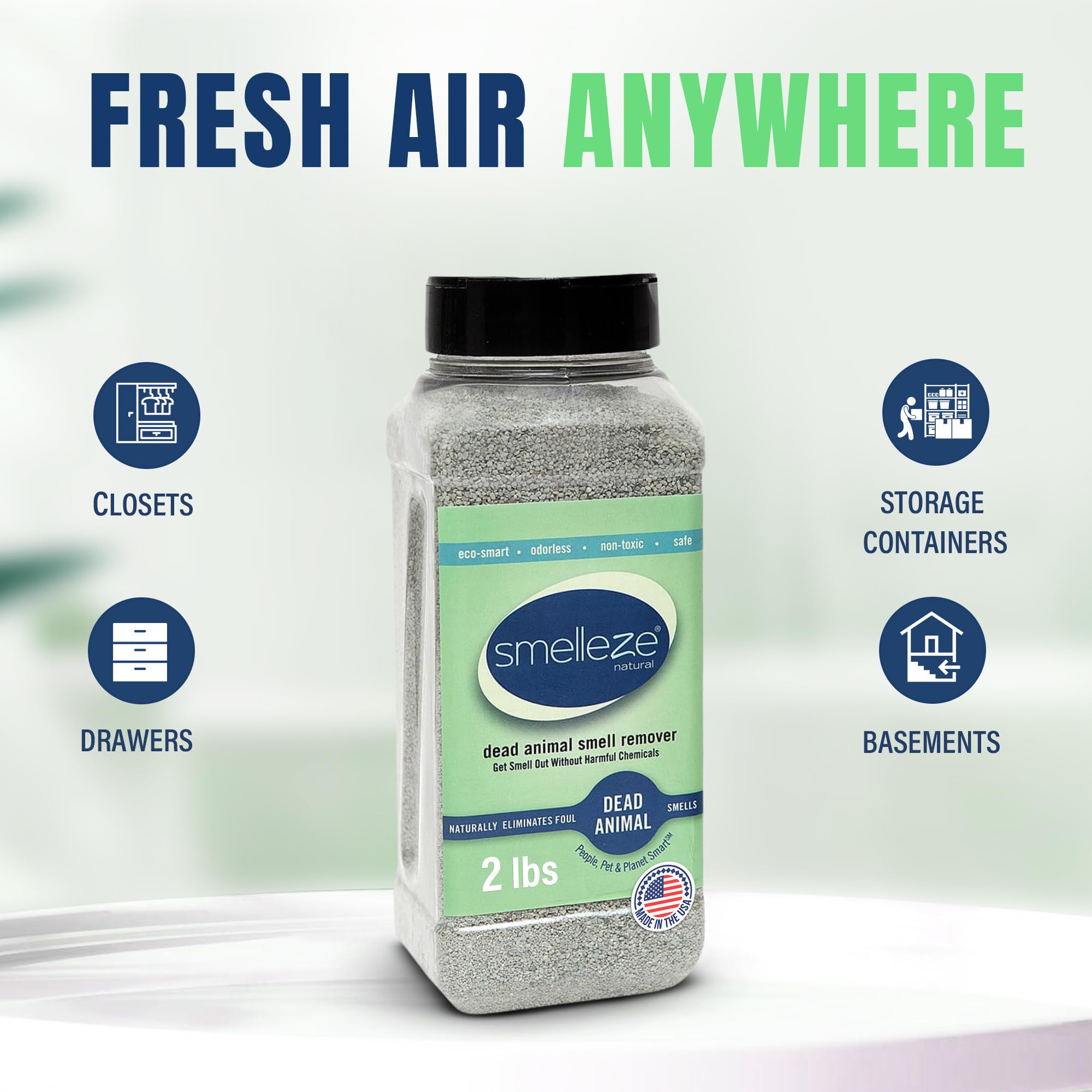 SMELLEZE air-purification-option granules absorb odor molecules, improving air quality.