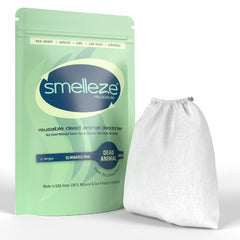 SMELLEZE pouch closeup shows reusable odor eliminator delivering long-lasting air freshness.