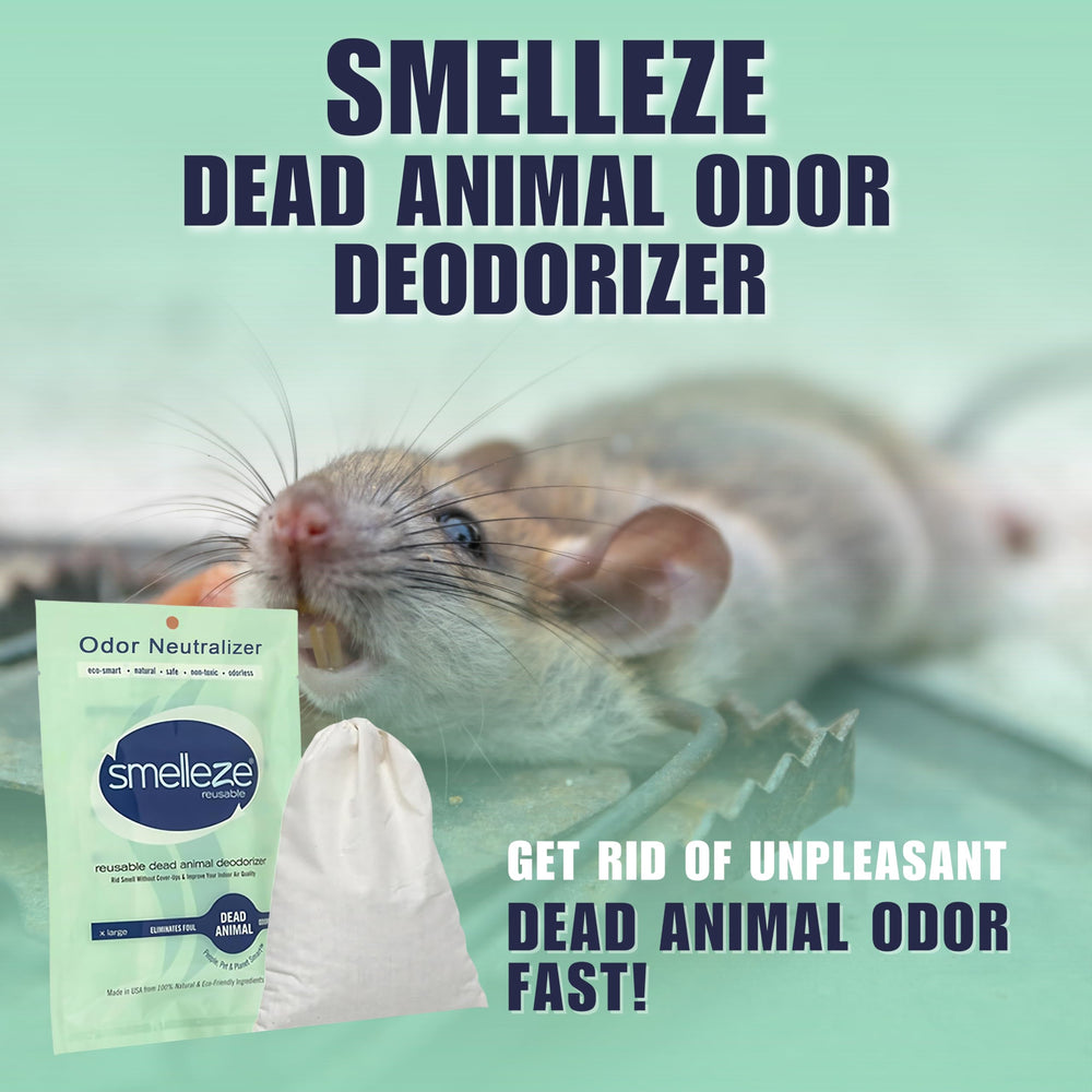 SMELLEZE pouch hanging in vent demonstrates easy placement targeting odors at the source.