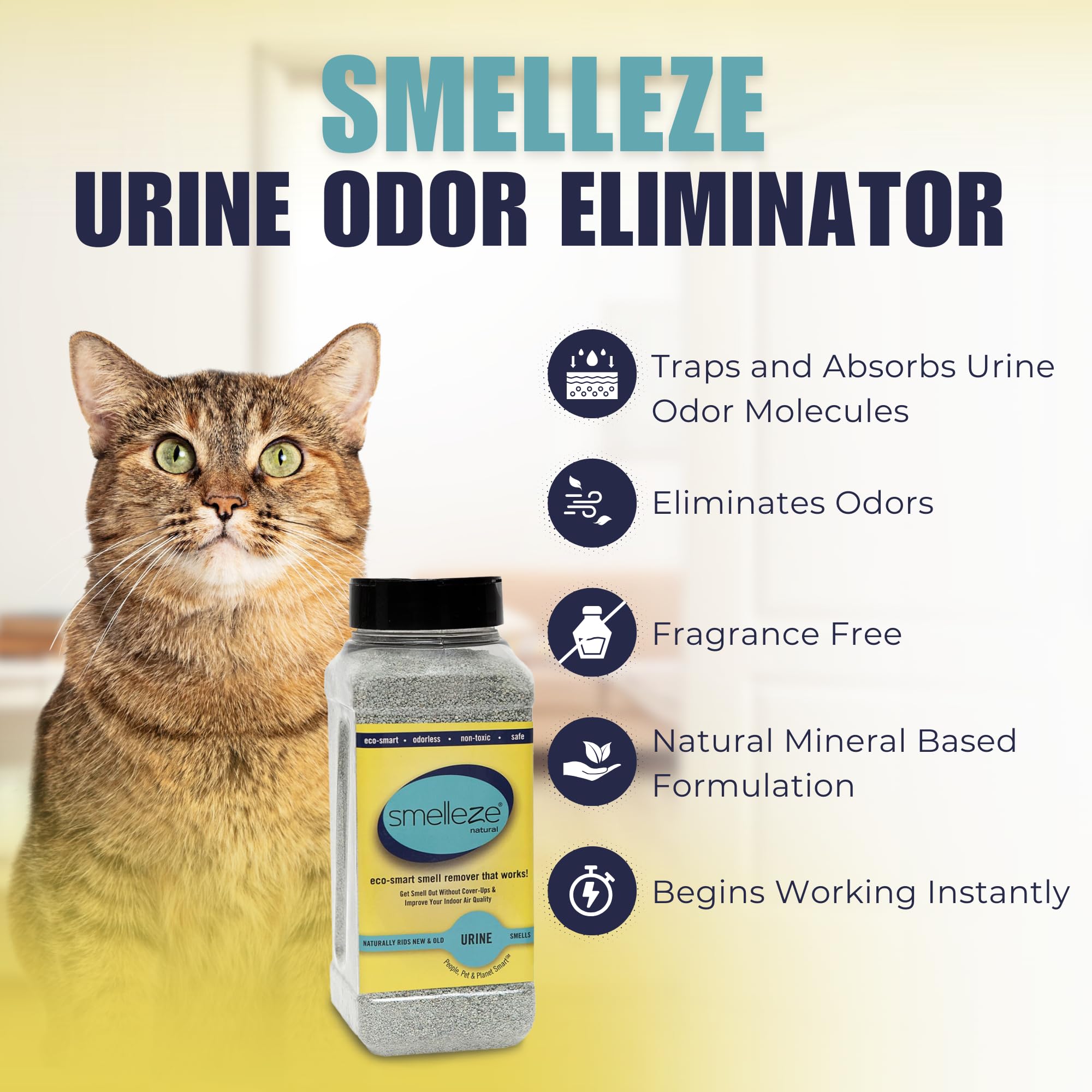 SMELLEZE granules absorbing urine odor from carpet for cleaner indoor air