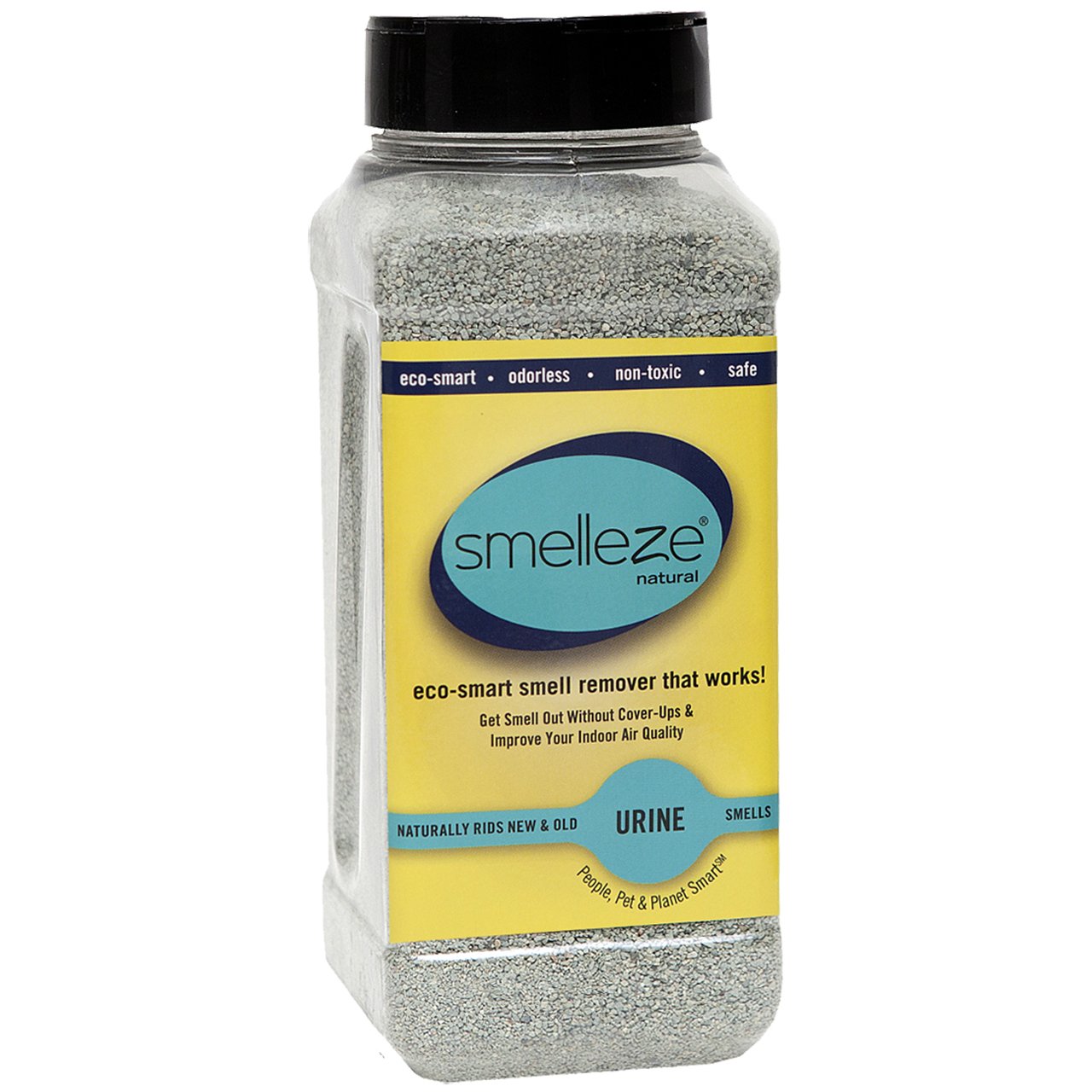 SMELLEZE natural urine odor removal granules in a bag closeup showing odor-control power