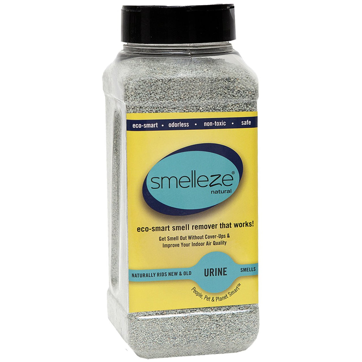SMELLEZE natural urine odor removal granules in a bag closeup showing odor-control power