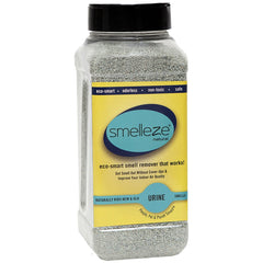 SMELLEZE natural urine odor removal granules in a bag closeup showing odor-control power